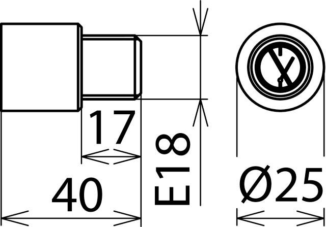 Technische Zeichnung eines zylindrischen Bauteils mit Maßen: Länge 40 mm, Durchmesser 25 mm, hervorstehender Abschnitt 17 mm; mit Bezeichnung 'E18'.