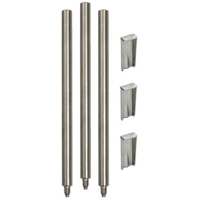 Drei metallische Stangen mit Schraubgewinden und vier passenden Metallklammern daneben, wahrscheinlich als Befestigungselemente gedacht.