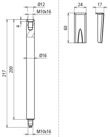 Technische Zeichnung eines zylindrischen Teils mit Maßen: 217 mm Länge, 16 mm Durchmesser, M10x16 Gewinden an beiden Enden.