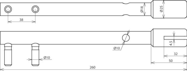 Technische Zeichnung eines Metallstabs mit zwei Bohrungen, Maßen und Durchmessern; zeigt Längen- und Breitenangaben in Millimetern.