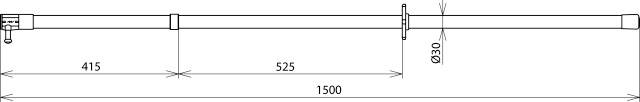 Technische Zeichnung eines Stabs mit Maßen: Gesamtlänge 1500 mm, mit Abschnitten von 415 mm und 525 mm, Durchmesser 30 mm.