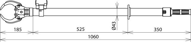 Technische Zeichnung einer Achse mit Gesamtmaß 1060 mm. Detailierte Maße für Teile: 185 mm, 525 mm, 350 mm, Durchmesser 43 mm.