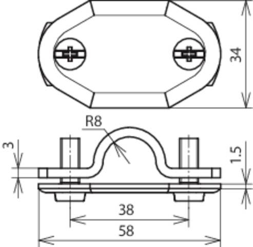 Technische Zeichnung einer Metallklemme: Maße 58 mm x 34 mm, mit zwei Schraubenlöchern und gebogener Mittellinie.