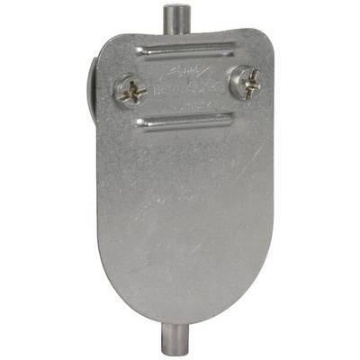 Metallteil mit zwei Schrauben an einer flachen Oberfläche und einem kurzen zylindrischen Fortsatz oben und unten.