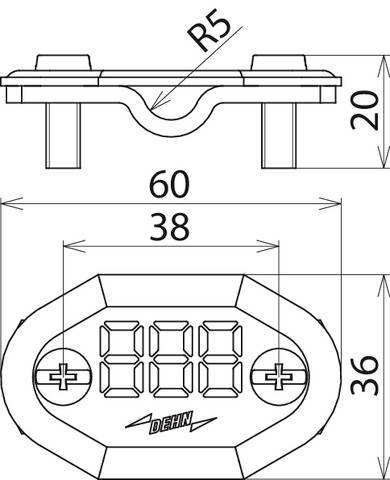 Diagramm einer elektrischen Komponente mit Maßen: Breite 60 mm, Höhe 20 mm, Detailansicht zeigt weitere Maße und technische Symbole.