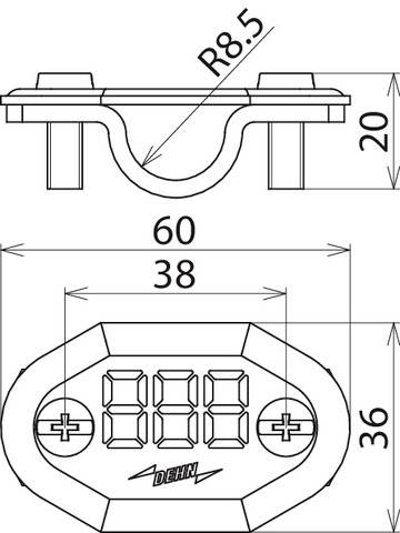 Technische Zeichnung eines digitalen Anzeigeinstruments mit Maßen: 60 mm Breite, 38 mm Anzeige, 36 mm Höhe, zeigt Rundung R8.5.