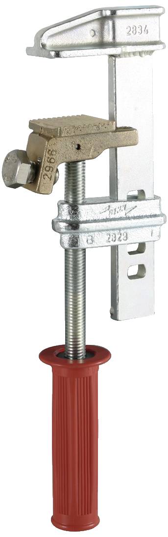 Eine Schraubzwinge mit rotem Griff und Metallspannbacken, geeignet zum Fixieren von Werkstücken in der Holz- oder Metallbearbeitung.
