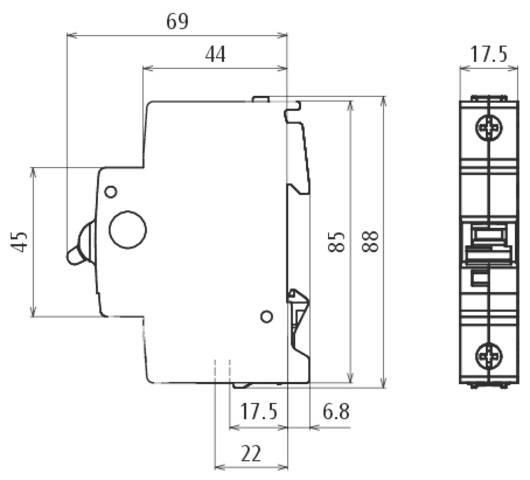 Diagramm eines elektrischen Bauteils mit detaillierten Maßen: Breite 69 mm, Höhe 88 mm, vertikal 45 mm, Tiefe 17,5 mm.