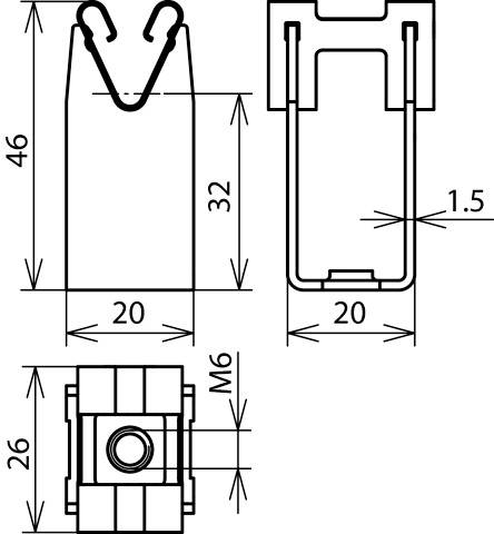 Technische Zeichnung eines Befestigungselements mit Maßen in Millimetern: 46mm Höhe, 20mm Breite, 1,5mm Hakenabstand, M6-Gewinde.
