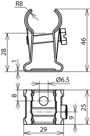 Technische Zeichnung eines Befestigungsclips mit Maßen: Höhe 46 mm, Breite 29 mm, Durchmesser 6,5 mm. Zeigt Vorder- und Seitenansicht.