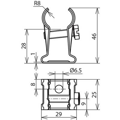 Technische Zeichnung eines Befestigungsclips mit Maßen: Höhe 46 mm, Breite 29 mm, Durchmesser 6,5 mm. Zeigt Vorder- und Seitenansicht.