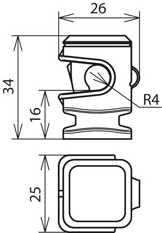 Technische Zeichnung eines Steckverbinders mit Abmessungen: Höhe 34 mm, Breite 26 mm, Tiefe 25 mm, Radius R4, mittlerer Abschnitt 16 mm.