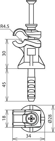 Technische Zeichnung eines Befestigungselements mit Maßen: 45 mm Höhe, 34 mm Breite, 28 mm Durchmesser, R4.5 mm Krümmung.