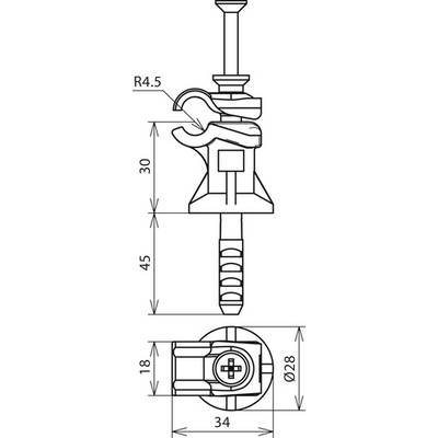 Technische Zeichnung eines Befestigungselements mit Maßen: 45 mm Höhe, 34 mm Breite, 28 mm Durchmesser, R4.5 mm Krümmung.