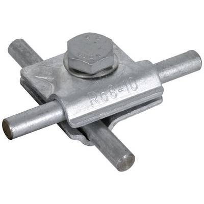 Metallisches Klemmsystem mit zwei gekreuzten Stangen, gesichert durch eine Schraube oben. Aufschrift 'R 08-10' erkennbar.