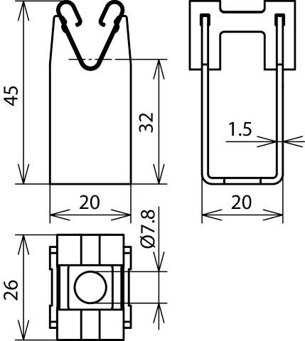 Technische Zeichnung eines Bauteils mit Abmessungen: 45 mm Höhe, 20 mm Breite, 32 mm Innenhöhe, 26 mm Tiefe, 7,8 mm Durchmesser.