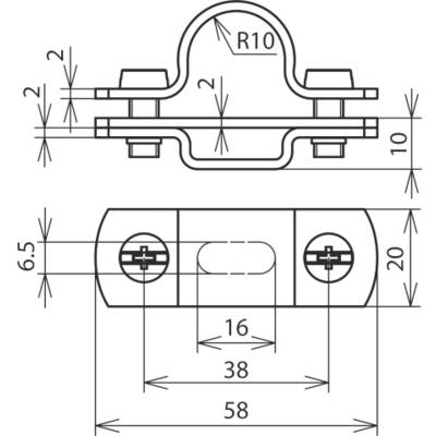 Technische Zeichnung einer Rohrschelle mit Bemaßungen: Breite 58 mm, Höhe 20 mm, Bohrungsabstand 16 mm, Rohrdurchmesser R10.