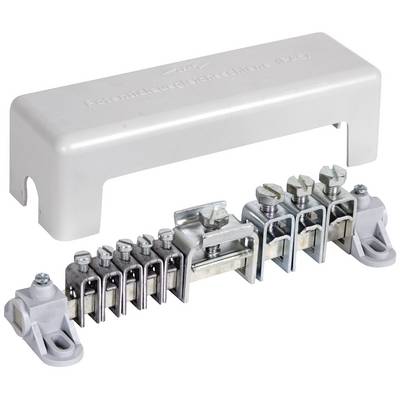 Ein Potentialausgleichsschienen dient zur Verbindung elektrischer Leiter zur Vermeidung von Potentialunterschieden, ohne Abdeckung.