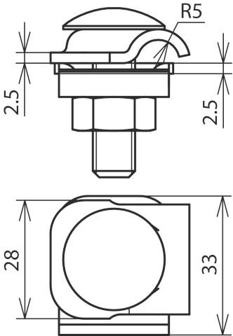 Technische Zeichnung eines Bolzens mit Radien- und Maßangaben: Durchmesser 2,5, Höhe 28, Breite 33, Radius R5 oben.