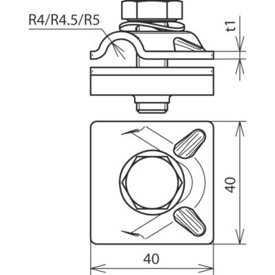 Technische Zeichnung eines quadratischen Metallteils mit Maßen 40x40 mm, abgerundeten Ecken (R4/R4.5/R5) und Befestigungsschraube oben.