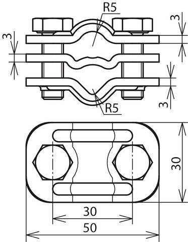 Technische Zeichnung eines Kabelklemmverbands mit Maßen: Breite 50 mm, Höhe 30 mm. Zeigt zwei Schrauben mit Radiusangaben (R5).