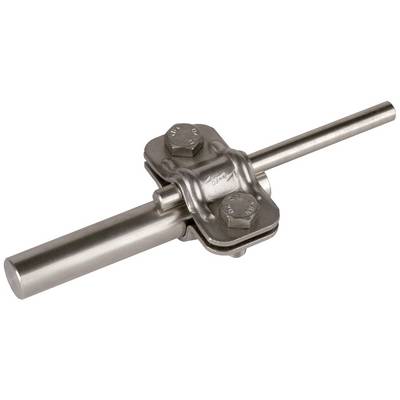Metallische Klemme mit zwei Bolzen, die zwei zylindrische Stangen fest zusammenhält.