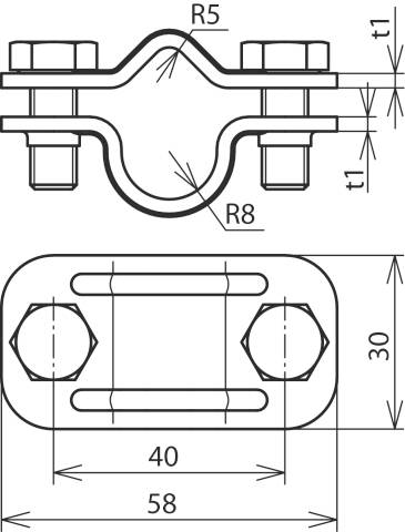 Technische Zeichnung einer Rohrschelle mit Maßen: Breite 58 mm, Höhe 30 mm, Lochabstand 40 mm, Radien R5 und R8.