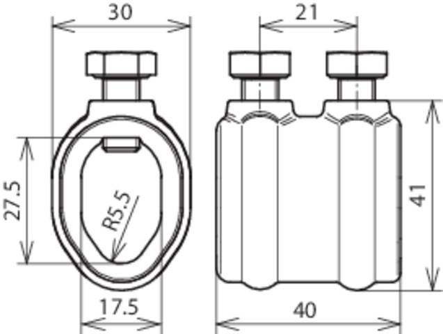 Technische Zeichnung eines ovalen Bauteils mit Maßangaben: Breite 30 mm, Höhe 27,5 mm. Weitere Maße: 21 mm, 17,5 mm, R5,5 mm, 40 mm, 41 mm.