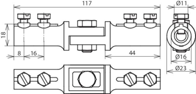 Technische Zeichnung einer mechanischen Klemme mit Maßen: Länge 117 mm, Breite 23 mm. Mehrere Bolzen und Verbindungsdetails sichtbar.