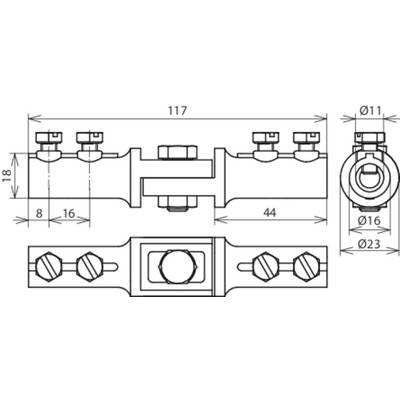Technische Zeichnung einer mechanischen Klemme mit Maßen: Länge 117 mm, Breite 23 mm. Mehrere Bolzen und Verbindungsdetails sichtbar.
