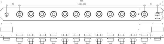 Technische Zeichnung eines Verteilers mit zehn Ventilen. Oben sind die Abmessungen mit 303 mm Länge und ventilspezifischen Maßen angegeben.