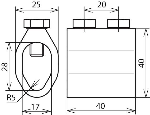 Technische Zeichnung eines mechanischen Teils: Seiten- und Vorderansicht mit Bemaßungen und Winkeln. Hauptmaße 40x40.