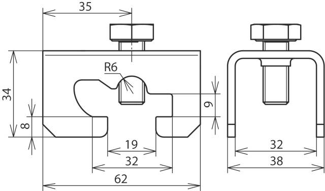 Technische Zeichnung einer metallischen Klemme mit Maßen. Seiten- und Vorderansicht mit Bemaßungen in Millimetern angegeben.