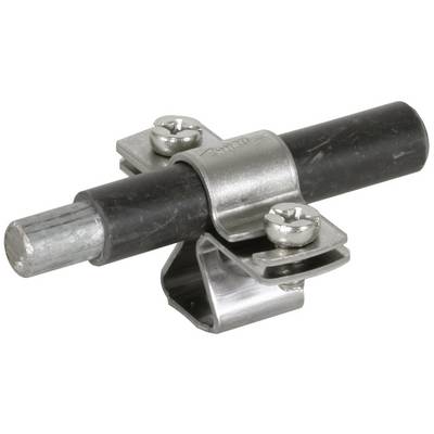 Ein schwarzer zylindrischer Metallstift mit zwei Befestigungsklammern aus Metall. Dient zur Verbindung oder Unterstützung von Bauteilen.