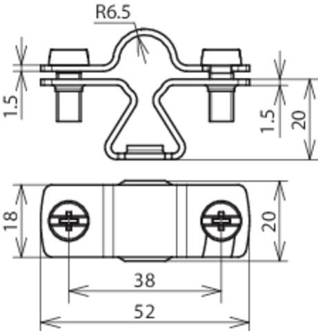 'Technische Zeichnung eines Metallklemmbügels mit Maßen: Höhe 20mm, Breite 52mm, Lochabstand 38mm, Biegung Radius 6,5mm.'