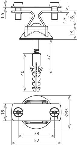 Technische Zeichnung eines Wanddübels und einer Halterung. Enthält Maßangaben in Millimetern für präzise Montageanleitung.