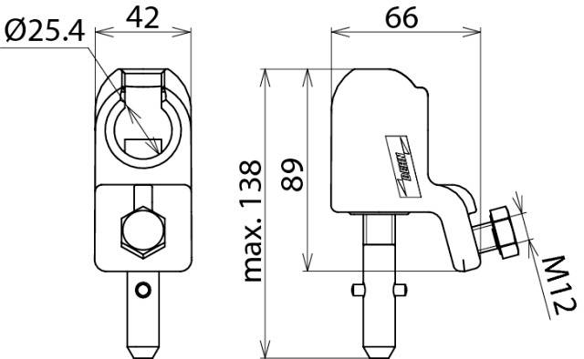 Technische Zeichnung einer Klemme mit Maßen: Ø25,4 mm Bohrung, Höhe max. 138 mm, Breite 42 mm, Länge 66 mm, Schraube M12.