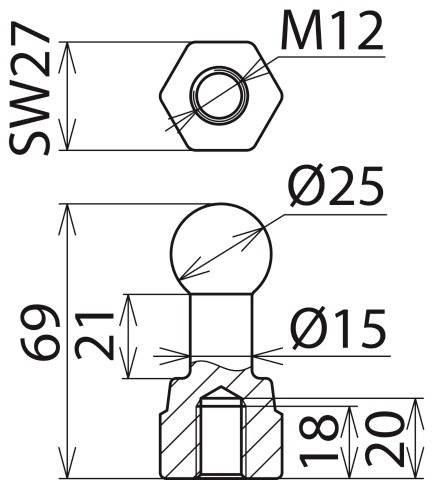 Technische Zeichnung einer Schraube und Mutter: Mutter mit SW27, M12. Schraubendurchmesser Ø25 und Ø15, Länge 69 mm, Gewindelänge 18 mm.
