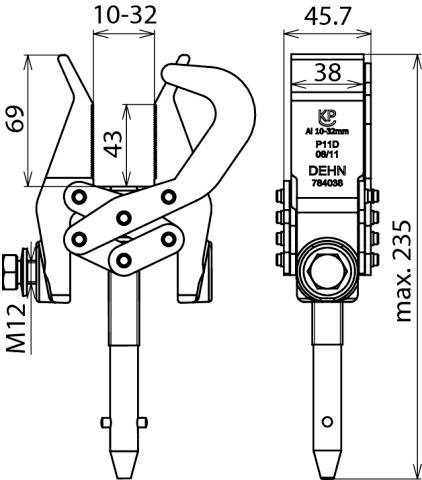 Technische Zeichnung eines Geräts mit Maßen, Schraube M12, Maximalhöhe 235 mm, zeigt verschiedene Ansichten und Detailangaben.