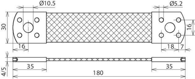 Technische Zeichnung eines flexiblen Verbindungselements. Oben: Draufsicht mit Struktur und Abmessungen. Unten: Seitenansicht, Länge 180 mm.