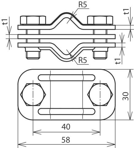 Technische Zeichnung eines metallischen Rohrverbinders mit zwei Schrauben. Maße: 58x30 mm, Schraubendurchmesser und Abstände angegeben.