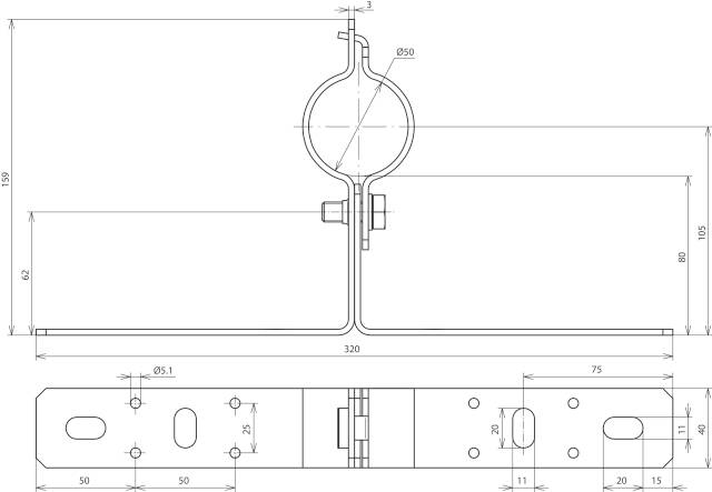 Technische Zeichnung einer Metallhalterung. Maße und Details der Konstruktionsstruktur sind in Millimetern angegeben.