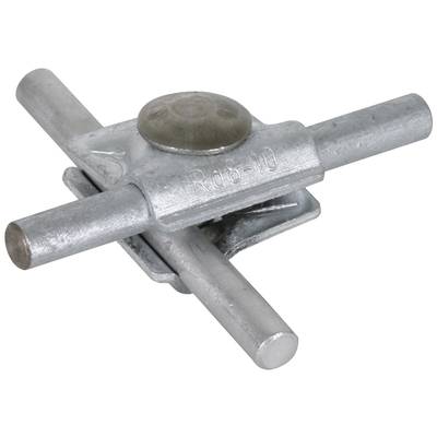 Metallisches Sicherungsgerät mit zwei kreuzförmig verbundenen Stäben, verwendet zur Stabilisierung oder Befestigung von Strukturen.
