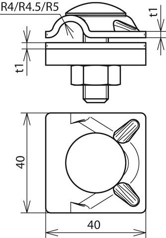 Technische Zeichnung eines mechanischen Teils mit quadratischer Basis (40x40 mm) und Befestigungsdetail oben. Maße und Radien sind angegeben.