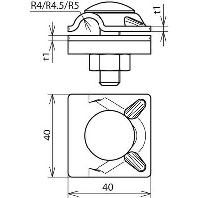 Technische Zeichnung eines mechanischen Teils mit quadratischer Basis (40x40 mm) und Befestigungsdetail oben. Maße und Radien sind angegeben.