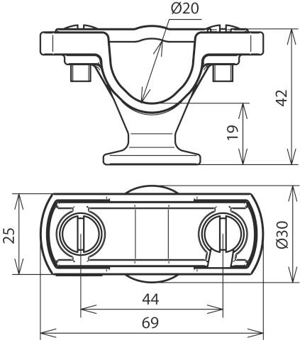Technische Zeichnung eines Skateboard-Trucks mit Abmessungen: Höhe 42 mm, Breite 69 mm, Achsen-Ø 20 mm oben und Ø 30 mm unten.