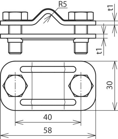 Technische Zeichnung einer Metallklemme mit Maßangaben: Breite 58 mm, Höhe 30 mm, Dicke t1 und Radius R5. Oben Draufsicht, unten Seitenansicht.