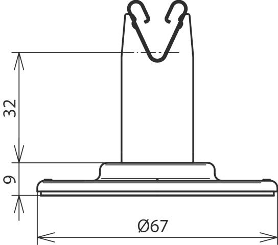 Technische Zeichnung einer Glühbirnenfassung. Höhe: 32 mm, Durchmesser: 67 mm, Basisdicke: 9 mm. Keine weiteren Details.