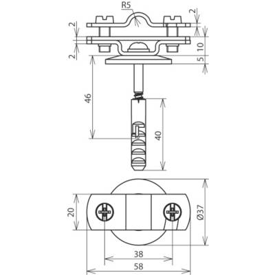 Technische Zeichnung eines Metallbeschlagsystems mit Maßangaben in Millimetern. Darstellung umfasst Schrauben, Befestigungen und Abstände.