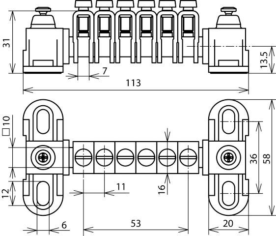 Technische Zeichnung eines Bauteils mit mehreren Maßen. Oben: Sechs rechteckige Einheiten, gesamt 113 mm breit, 31 mm hoch. Unten: Horizontale Stange, Maße 53 mm, mit Kreisen und Schraubenlöchern.